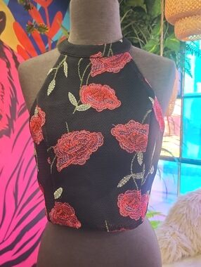 Fashion Nova Black Halter Crop Top with Red Floral Embroidery